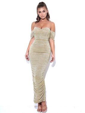 Miss Circle Gene Gold RuchedOff-Shoulder Evening Maxi Dress